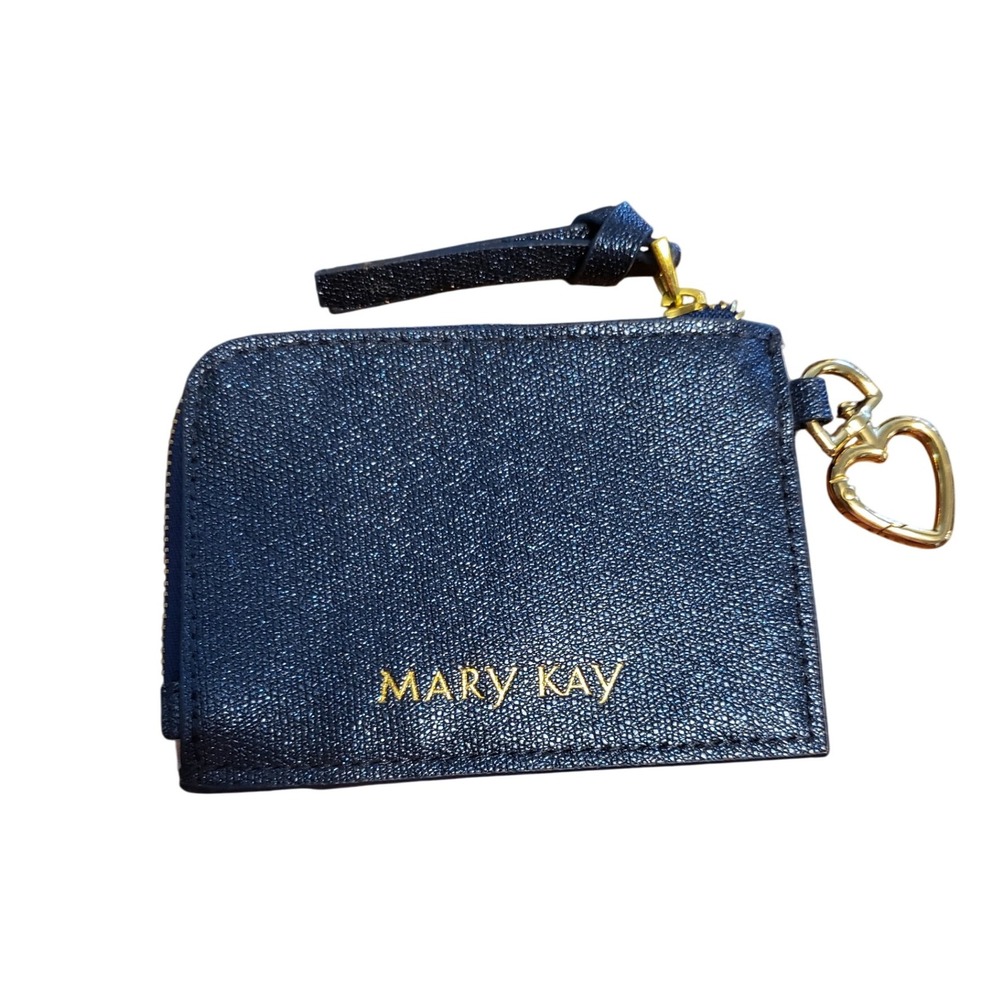 Mary Kay Navy Blue Sparkle Zip Card Case ID Holder Heart Charm Wallet